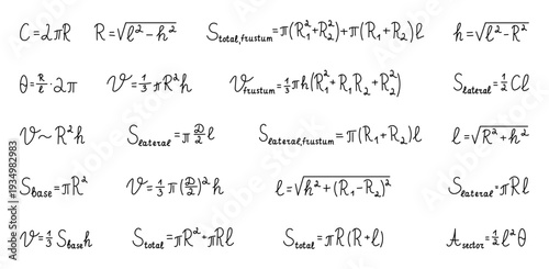 Stereometry cone formula set with volume surface frustum sector development radius height diameter slant circumference geometry mathematics education diagram