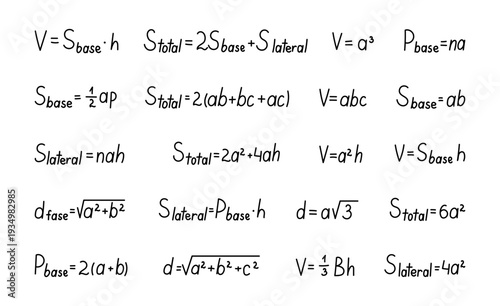 Stereometry prism formula set for geometry education featuring volume surface area diagonal perimeter relations and solid measurement equations for your designs projects