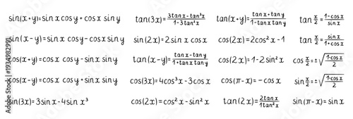Trigonometry angle formula set featuring sine cosine tangent identities double triple half reduction relations equations notation education reference guide