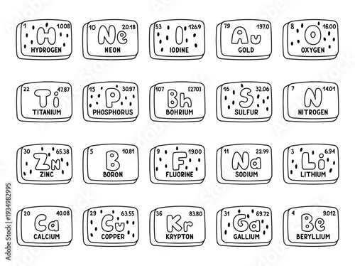 Mendeleev table set in outline line art featuring periodic elements chemical symbols atomic numbers weights educational chemistry cards for classroom study
