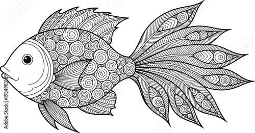 Ornamental Goldfish with Zentangle Patterns Black and White Coloring Page Illustration