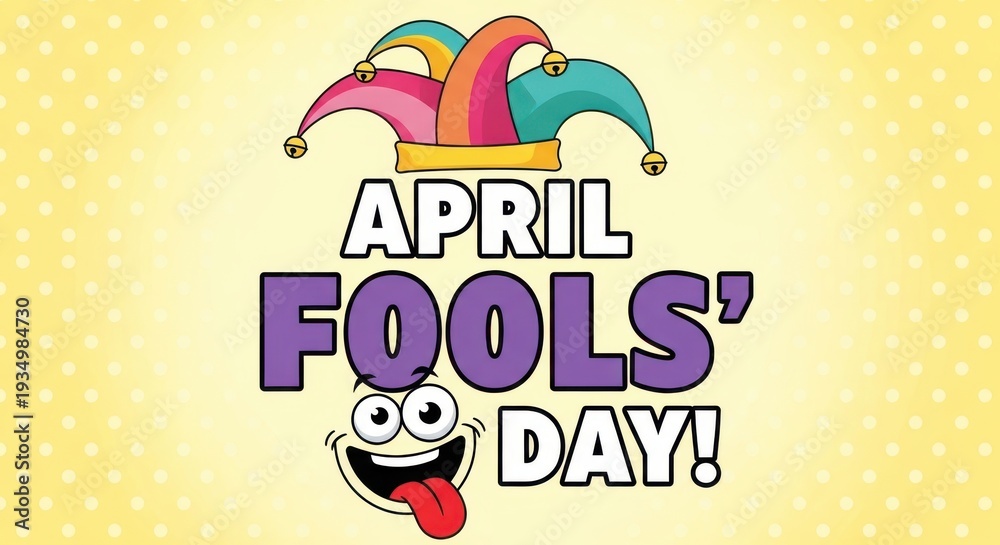 Fototapeta premium April fools day colorful illustration with jester hat and cartoon character on yellow background