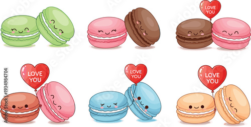 Cute Macaron Pairs with 'Love You' Hearts for Valentine’s Day and Sweet Treat Illustrations