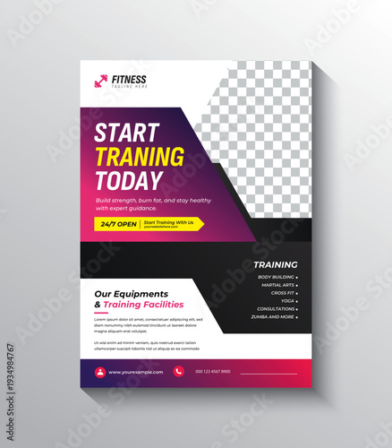Modern fitness gym flyer template design featuring a professional vector illustration for corporate marketing branding