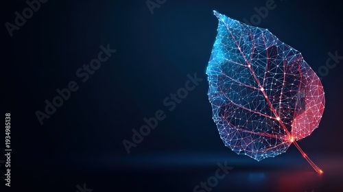 A digital leaf rendered in glowing blue and pink hues against a dark background, a futuristic representation of nature and technology. ..Created with Generative AI, not depicting real subjects.