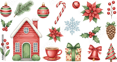 Christmas Holiday Decorations Set with Poinsettia, Ornaments, Snowflakes, Cup, and Christmas Tree