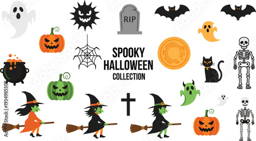 Spooky Halloween Collection with Ghosts, Pumpkins, Bats, Witches, Skeletons, and Haunted Elements