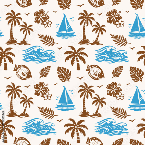Seamless tropical summer pattern with palm trees, waves, tropical fish, flowers, and yacht in hand-drawn doodle style. Ideal for summer textiles, home decor, stationery, wrapping paper, and decorative