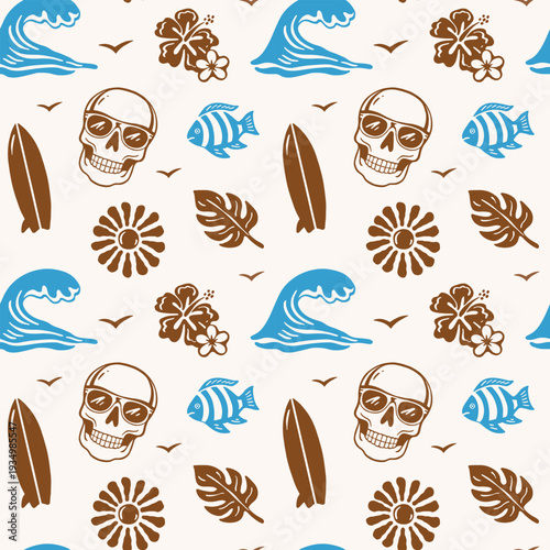 Seamless summer pattern with surfboards, waves, skull, flowers, leaves and sun in hand-drawn doodle style. Playful beach vector design for fabric, apparel, wrapping paper and prints