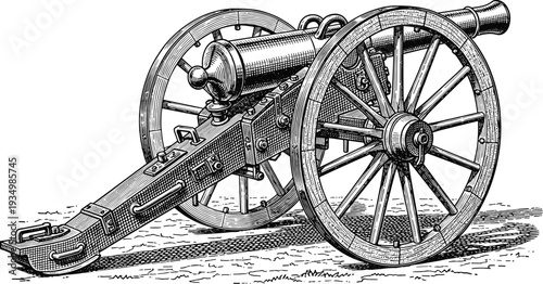 Antique Military Cannon Vector Illustration with Detailed Wooden Carriage, Vintage Artillery Engraving Style Historical War Equipment
