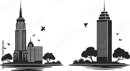Black and white minimalist cityscape skyline illustration, modern urban skyscrapers silhouette with trees and birds graphic design
