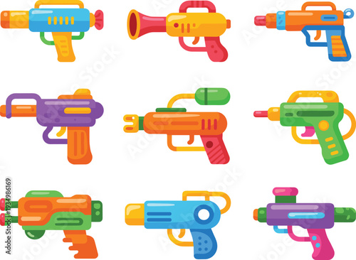colorful, cartoon, water, guns, set, toy, blasters, vector, collection, kids, summer, squirt, playful, plastic, illustration, icons, isolated, design, fun, bundle