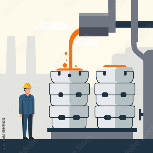 Industrial casting process: worker watches molten metal poured into molds at factory