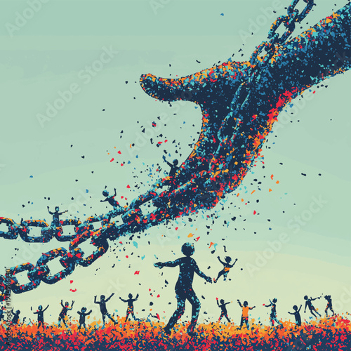 Breaking Free A powerful illustration depicting hands shattering chains