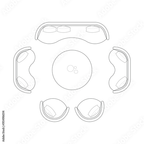 Top view floor plan of modern curved sofa set with round coffee table line art. 8