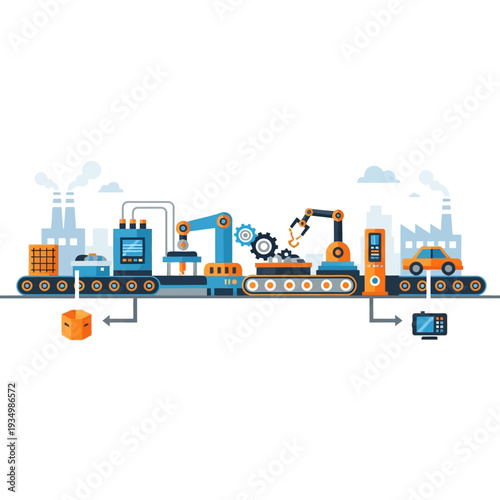 Automated factory assembly line with robotic arms, conveyor belts, and cars