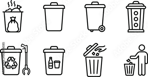 Trash and recycling bin line icons set with garbage container recycle symbol waste disposal and sanitation vector illustration