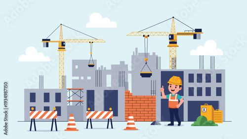 Active construction site with tall yellow cranes and half-finished buildings featuring a happy worker in a hard hat and orange safety vest.