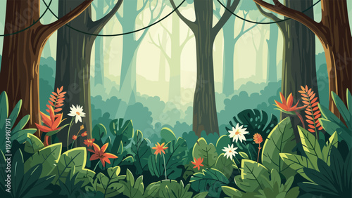 Dense lush forest with tall sunlit trees and vibrant tropical plants and flowers on the forest floor in a peaceful natural landscape scenery.