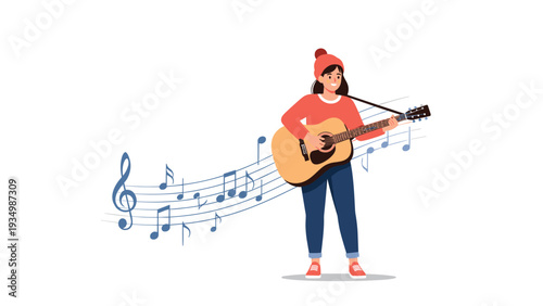 Young woman wearing a hat and a red sweater happily playing an acoustic guitar with musical notes flowing through the air on a white background.
