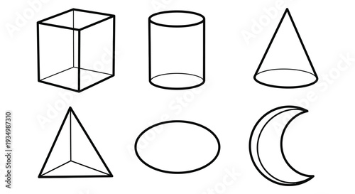 This vector graphic illustration displays fundamental geometric forms and a crescent-shape outline for design.