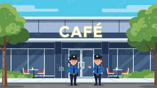Two female police officers in blue uniforms standing and talking to each other in front of a modern city cafe with outdoor seating and trees.