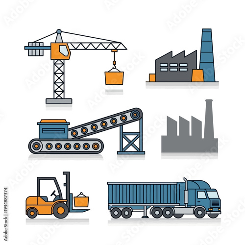 Construction and Industrial Equipment Icons: Crane, Factory, Forklift, Truck, Conveyor