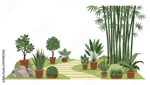 Beautifully landscaped garden with various potted plants and tall bamboo trees lining a winding stone path through a green grass lawn outdoors.