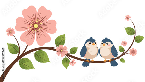 Two cute small birds sitting close together on a tree branch decorated with large pink flowers and green leaves on a clean white background area.