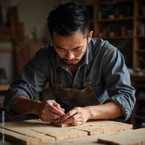 Craftsman Working with Wood Small Detail Focus in Workshop Studio
