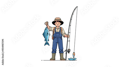 Happy young fisherman wearing overalls and a hat stands proudly while holding a large fish he caught and his fishing rod.