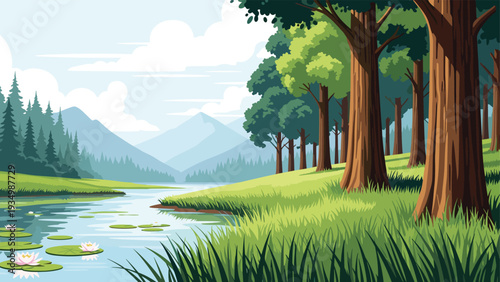 Peaceful landscape features a calm river flowing through a lush green forest with tall trees and distant blue mountains.