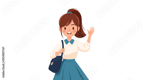 Friendly young girl with a ponytail is smiling and waving her hand while carrying a bag over her shoulder on a white background.