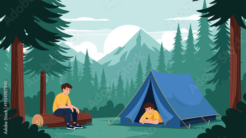 Two friends are enjoying a camping trip in the forest where one boy sits on a log while another looks out from a blue tent.