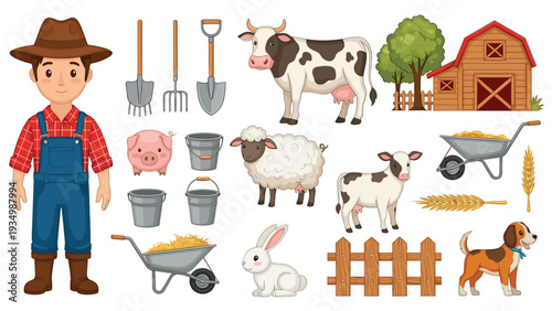 Collection of farm related icons featuring a farmer, various animals like cows and sheep, farm tools, and a red barn house.