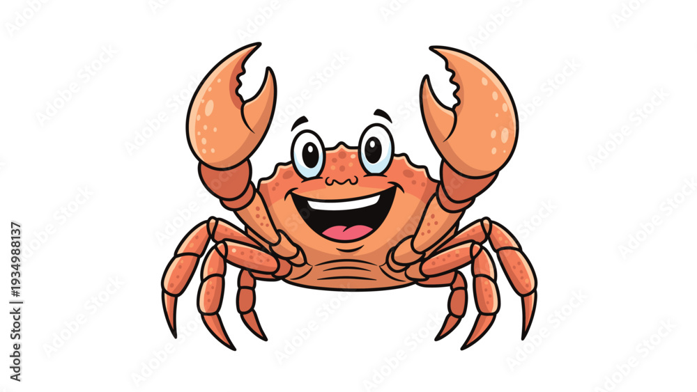 Fototapeta premium Cheerful orange crab with big claws and large eyes is smiling widely while standing on a plain white background.