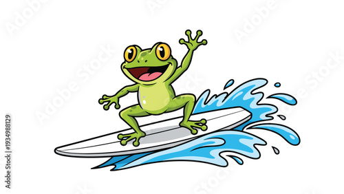 Energetic green frog is having fun while surfing on a blue ocean wave on a white surfboard and waving its hand.