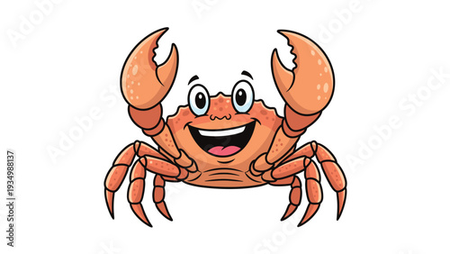 Cheerful orange crab with big claws and large eyes is smiling widely while standing on a plain white background.