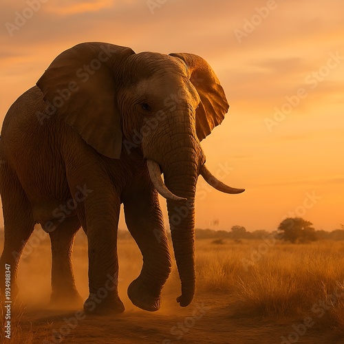 African Elephant Walking Through Dry Grassland at Sunset, Majestic Wildlife Photography Highlighting Nature, Conservation, and Animal Habitat