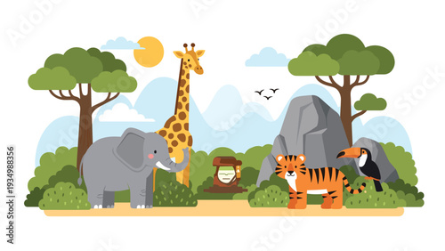 Group of friendly jungle animals including an elephant, giraffe, tiger, and toucan are together in a lush tropical landscape.