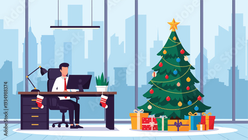 Modern city office is decorated for the holidays with a large Christmas tree, gifts, and stockings while a man works at his desk.