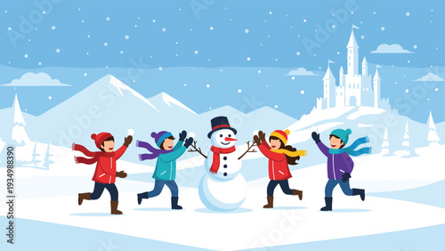 Group of happy children in winter clothes are playing in the snow and building a large snowman in front of a white castle.