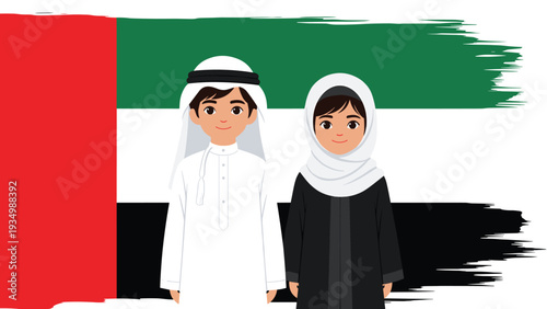 Boy and girl dressed in traditional Emirati clothing are standing together in front of the flag of the United Arab Emirates.