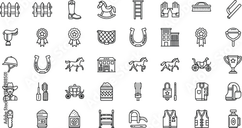 Hand Drawn Western Cowboy Icon Set with Horses Boots Hats Rodeo Symbols and Ranch Equipment Outline Vector Collection