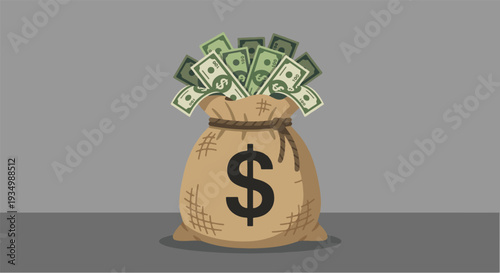 A robust burlap sack overflowing with a large stack of green banknotes, visually representing financial success, prosperity, and the abundant accumulation of wealth and economic gain