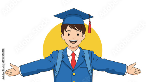 Happy school boy in a blue graduation gown and mortarboard cap celebrating with arms wide open against a yellow circle.