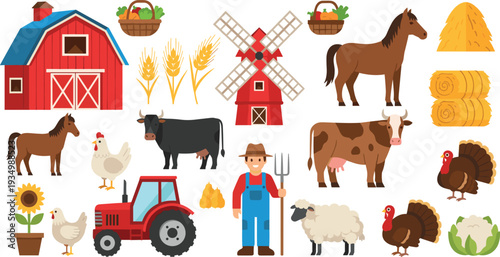 Farm Life Vector Set Including Barn, Tractor, Animals, and Tools for Agriculture, Rural, and Nature Designs"