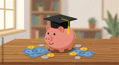Piggy bank with graduation cap and money on table, symbolizing saving for education and financial planning for future academic goals