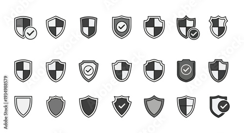 Collection of monochrome vector shield icons representing various security and protection concepts effectively