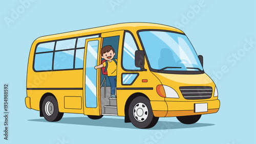 Excited young school boy with a backpack stepping off a bright yellow school bus on a clear blue background.